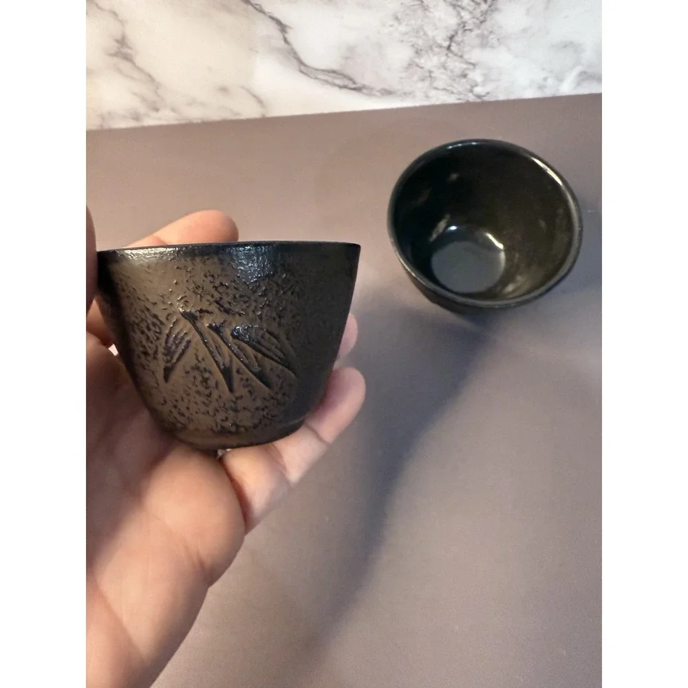 Tetsubin Tea Cups Cast Iron Bamboo Floral Design Set of Two Brown and Black Pair